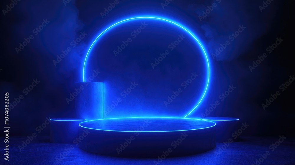 Poster Blue realistic 3D cylinder podium featuring a glowing neon circular design Abstract 3D rendering of geometric shapes in a minimal setting for product presentation