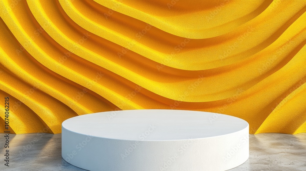 Poster Blank mockup white textured podium against a portrait oriented yellow wave pattern background 3D rendering