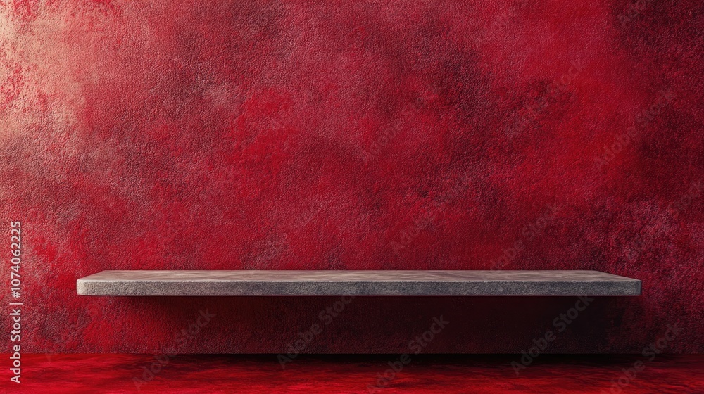 Poster Empty red background with a display stand or shelf designed for showcasing a Christmas concept Blank backdrop created with a cement texture Realistic 3D rendering
