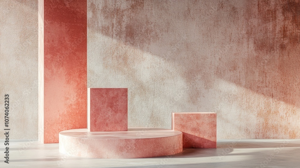 Poster 3D geometric shapes featuring a dusty pink cube and box podium in a minimal studio background Abstract illustration in natural color tones
