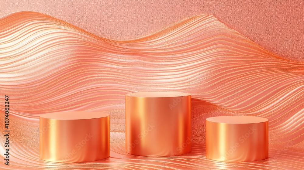 Poster bright neon salmon pink 3d rendering featuring three luxury cylindrical podiums against a wavy texti