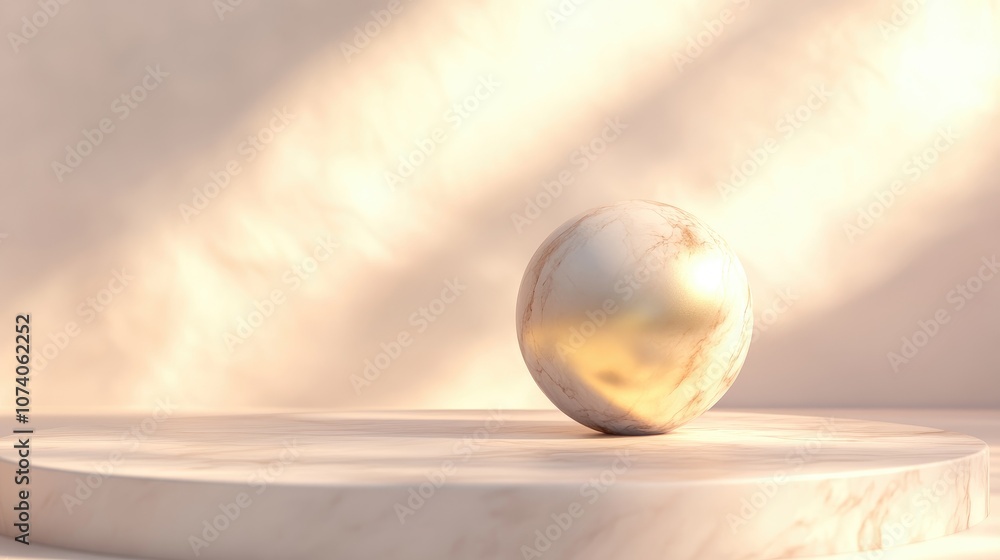 Poster 3D rendering of a display podium featuring a marble sphere and a golden sphere against a soft background