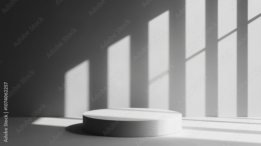 Poster Minimalist studio background featuring a 3D gray and white cylindrical podium Abstract depiction of a geometric shape object
