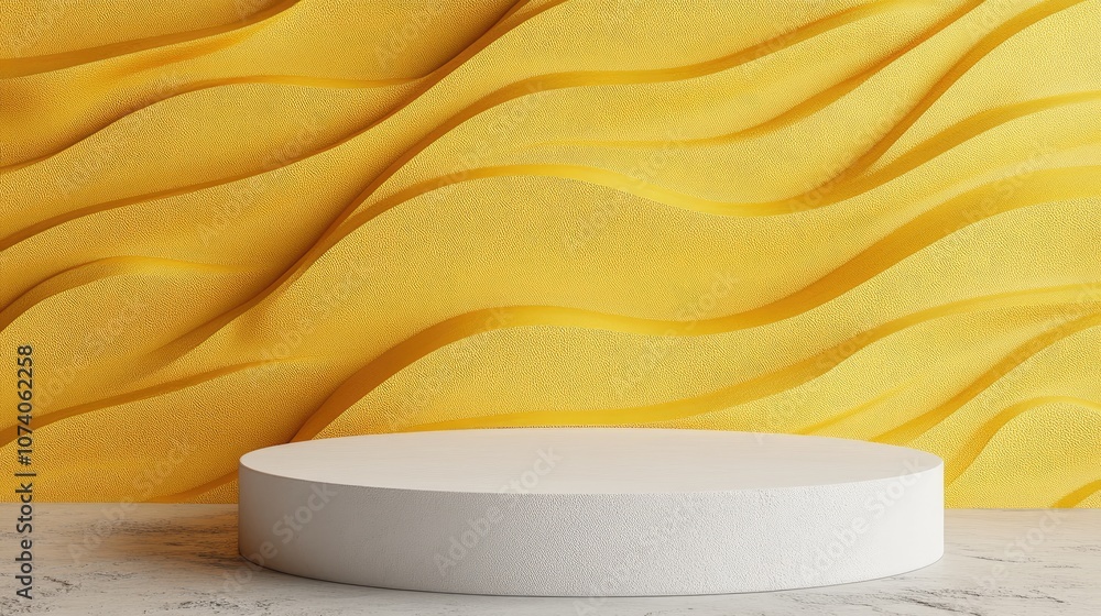 Aufkleber blank mockup white textured podium against a portrait oriented yellow wave pattern background 3d ren