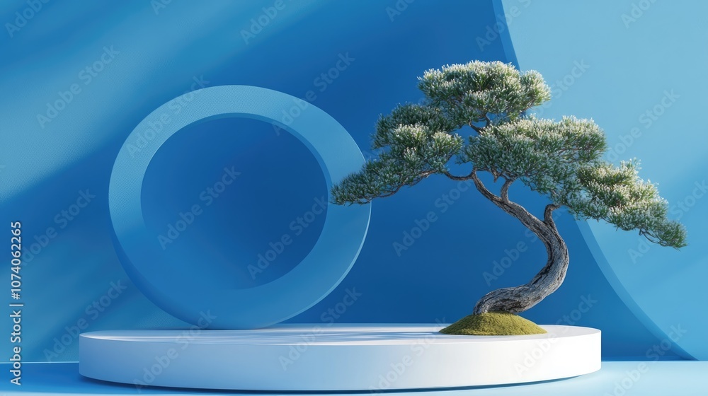 Poster minimalist abstract background featuring a podium and a bonsai tree against a blue backdrop designed