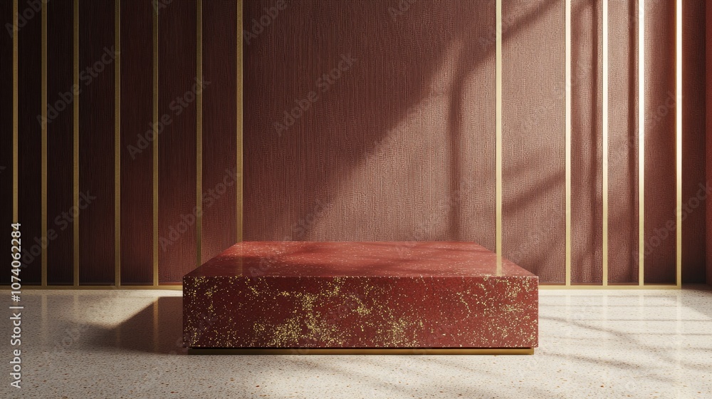 Poster Dark red block podium on a square gold grid with terrazzo rendering featuring a transparent background in 3D
