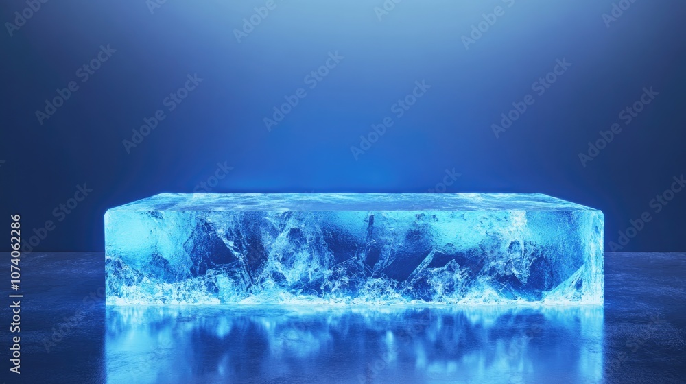 Aufkleber 3D rendering of a rectangular blue ice podium or stand on a light background illuminated with neon light Studio backdrop