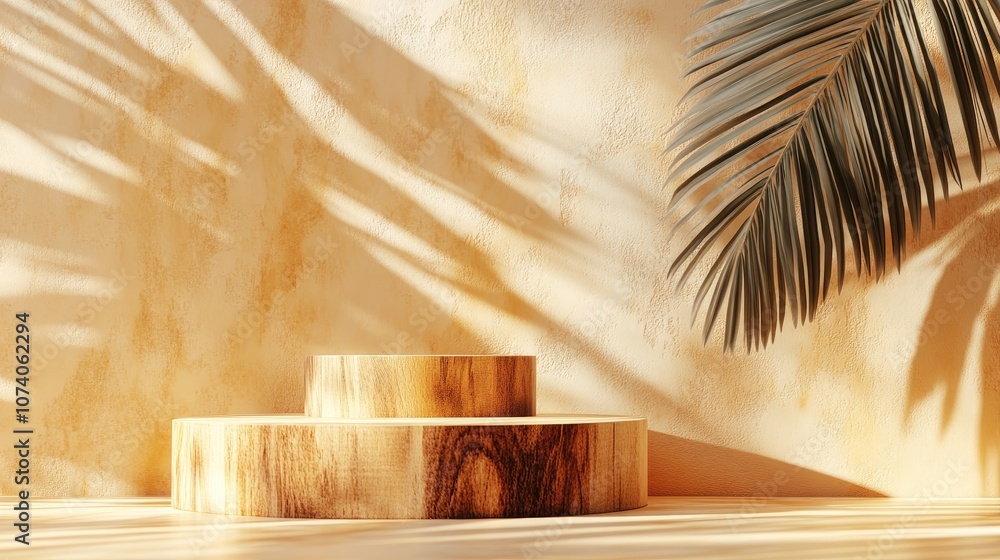 Aufkleber Light beige and pastel orange 3D rendering of a simple minimal wooden podium background featuring a palm leaf shadow designed for showcasing natural products on a cylindrical stand