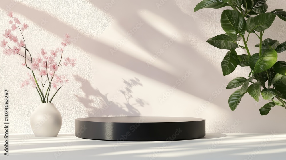 Aufkleber 3d rendering of a blank backdrop for cream cosmetics featuring a modern black podium