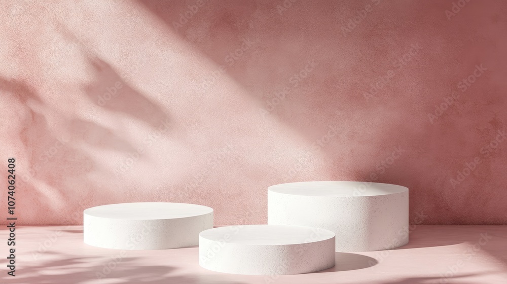 Fototapete Three white platforms on an abstract mock up scene creating a backdrop for product display 3D rendering