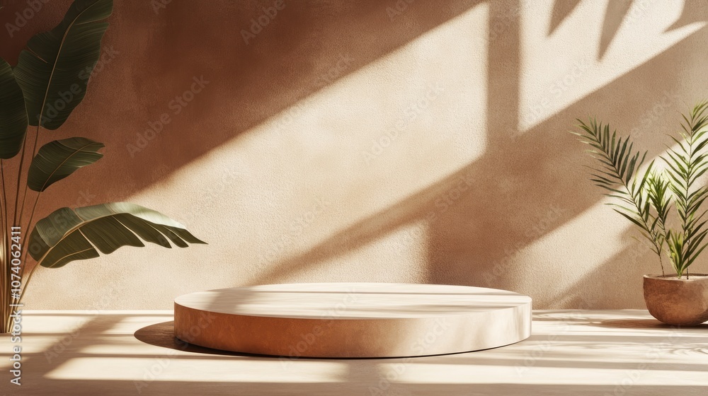 Aufkleber minimalist podium mock up for product display in an abstract light brown composition featuring 3d re