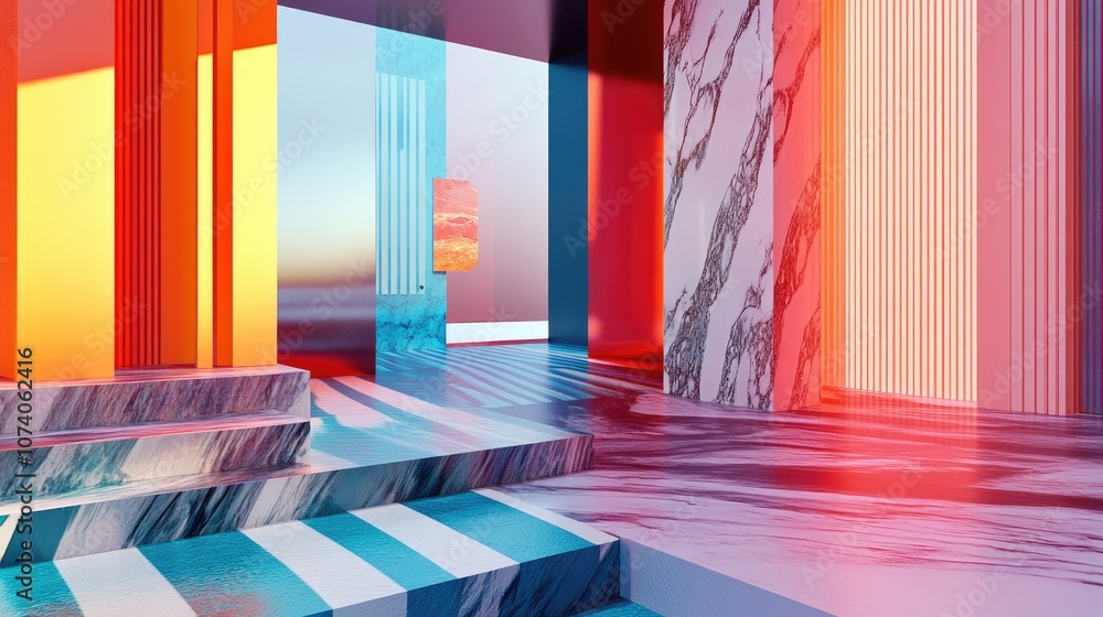 Aufkleber Abstract design studio for showcasing products featuring patterns Rendered space with vibrant lines and colors integrating plastic metal wood and marble with reflective lighting