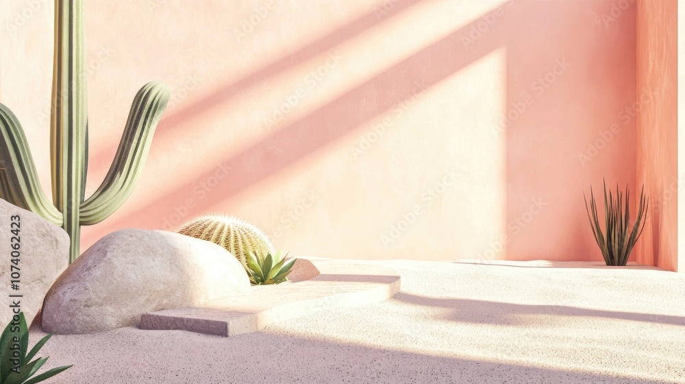 Poster abstract architectural structure displayed on a pastel background featuring shadows stones beach san
