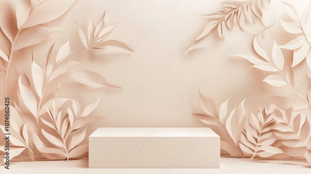 Aufkleber trendy pastel beige abstract nature scene featuring an empty white square podium adorned with handma