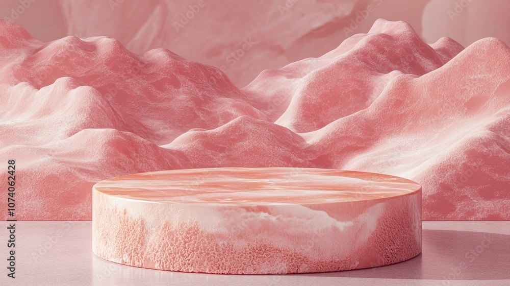 Poster 3D rendering of a pink coral minimal display podium or pedestal for product mockups featuring an abstract background with simple geometric shapes