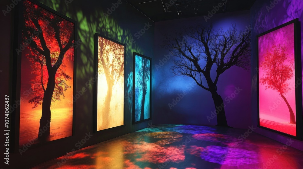 Poster 3D display platform showcasing various formats against a multicolored backdrop featuring a tree silhouette