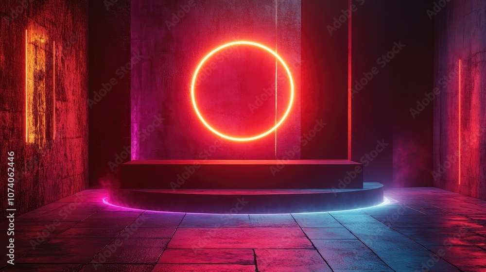 Poster Neon light product display on a textured street floor featuring a glowing spotlight and an empty podium for showcasing items 3D rendering