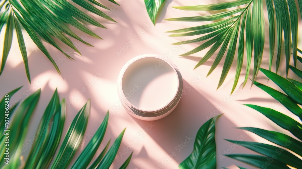 Aufkleber empty white cylinder container on a summer themed backdrop featuring tropical palm leaves designed f