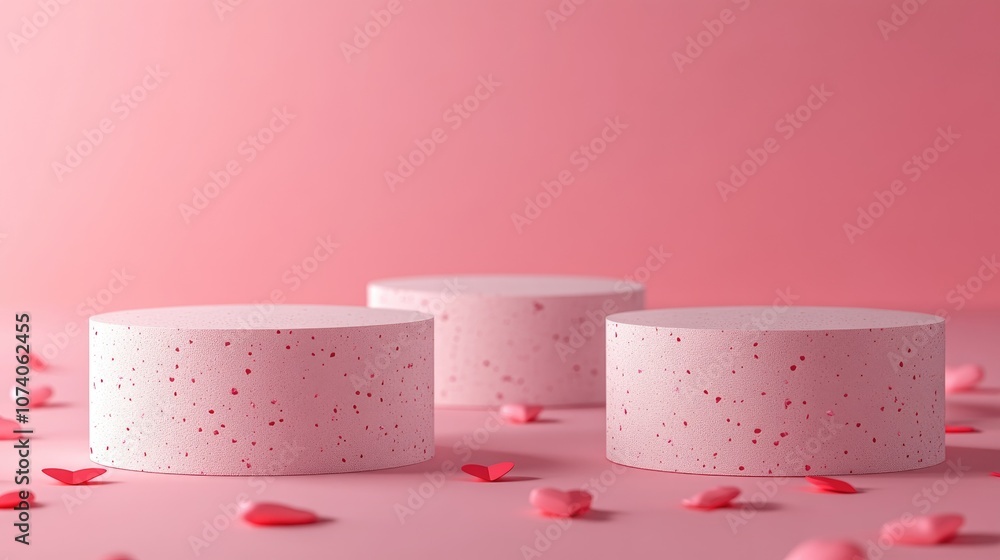 Poster 3d rendered illustration of round cylindrical podiums set against a pink backdrop featuring hearts e