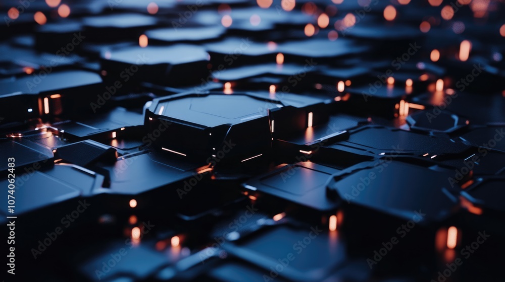 Fototapete Dark hexagonal platforms linked together in a background 3D rendering Digital computer illustration