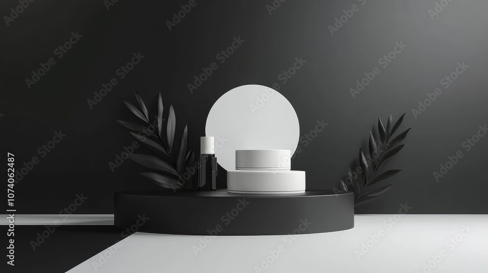 Poster 3D rendering of a minimalist display for cream cosmetics with a modern black podium backdrop