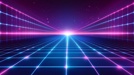 vibrant neon grid landscape with glowing lines and starry background creates futuristic atmosphere. colors blend beautifully, evoking sense of depth and wonder