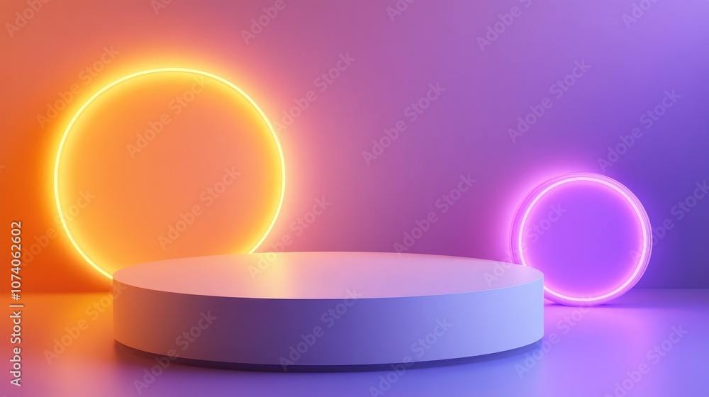 Poster 3d geometric podium with yellow orange and purple neon lights against a gradient background abstract
