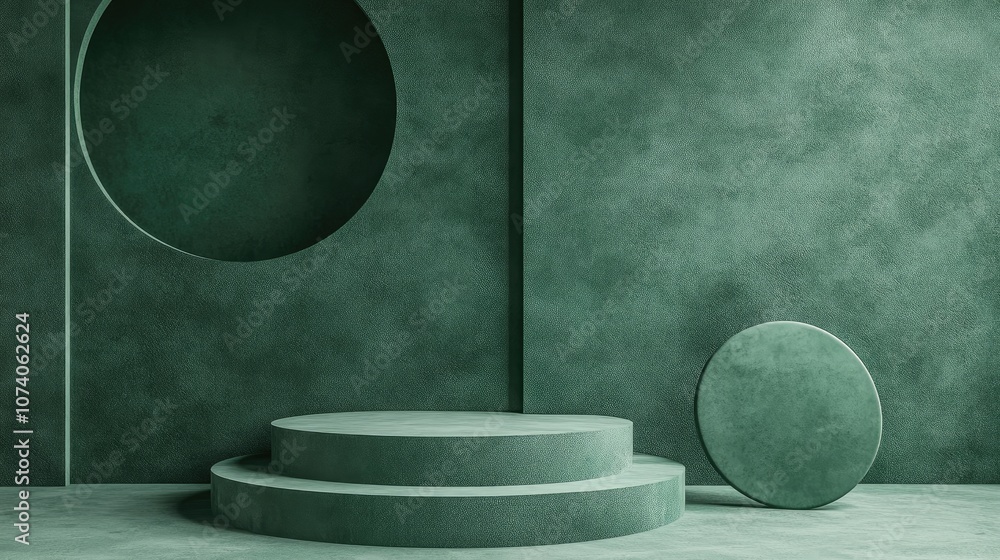 Poster minimalist 3d rendering of a geometric podium in green color design