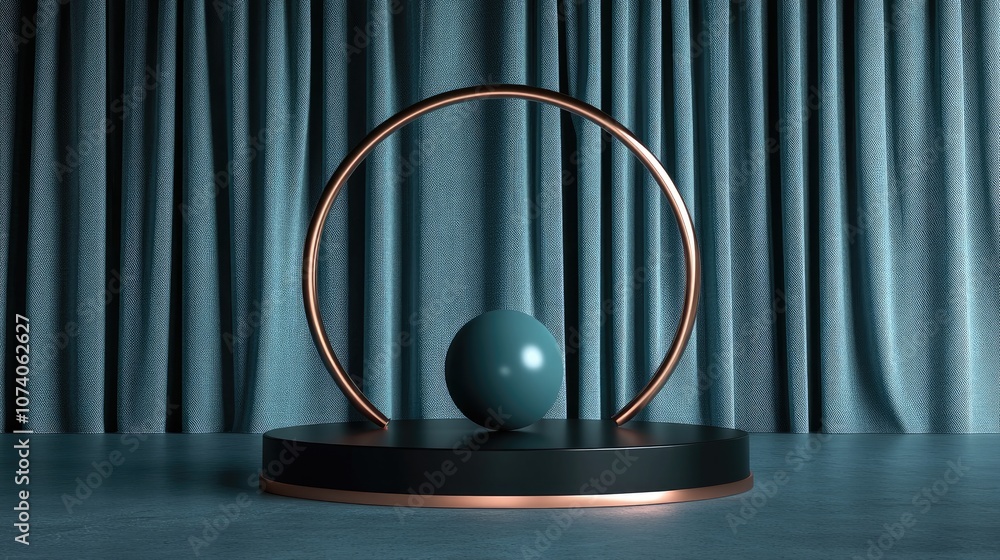 Poster empty blue and black cylindrical podium with a copper edge featuring a spherical object on a circula