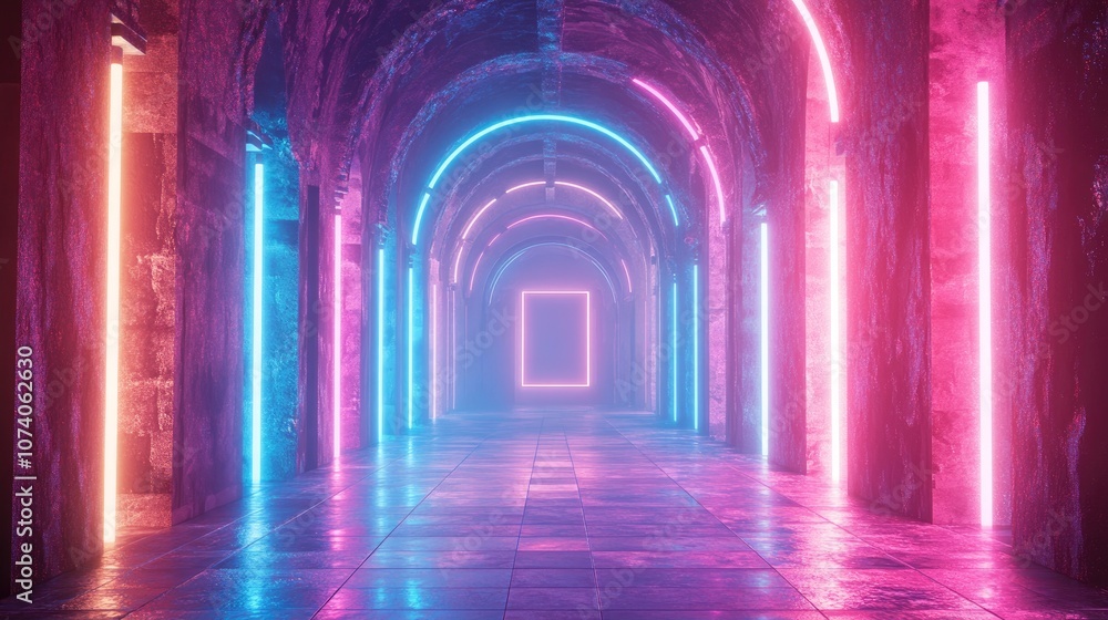 Aufkleber 3d rendering featuring glowing lines a tunnel with neon lights and an abstract background showcasing