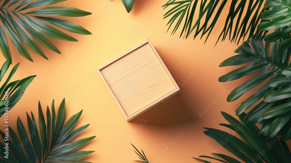 Poster empty natural cube box on a vibrant summer background with tropical palm leaves suitable for showcas
