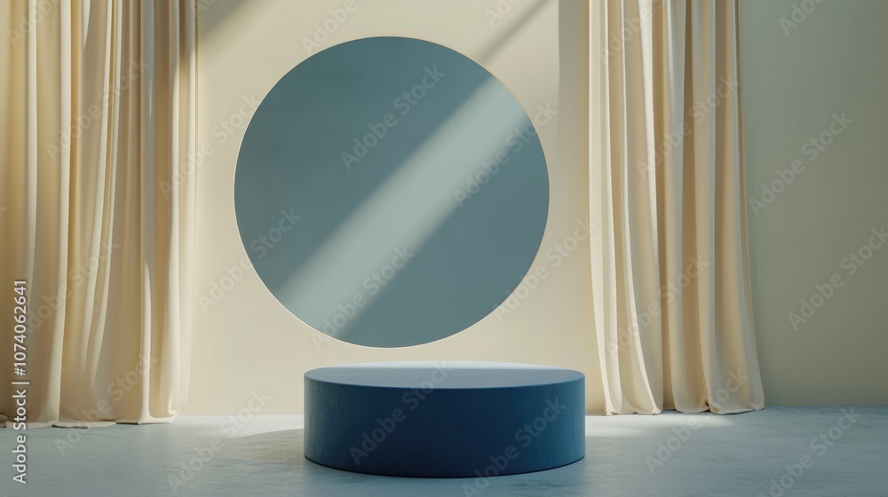 Poster Empty luxury blue cylinder podium with a cream circle arch and curtain backdrop Abstract minimalistic 3D geometric shape for product display Pedestal mockup for design purposes 3D render