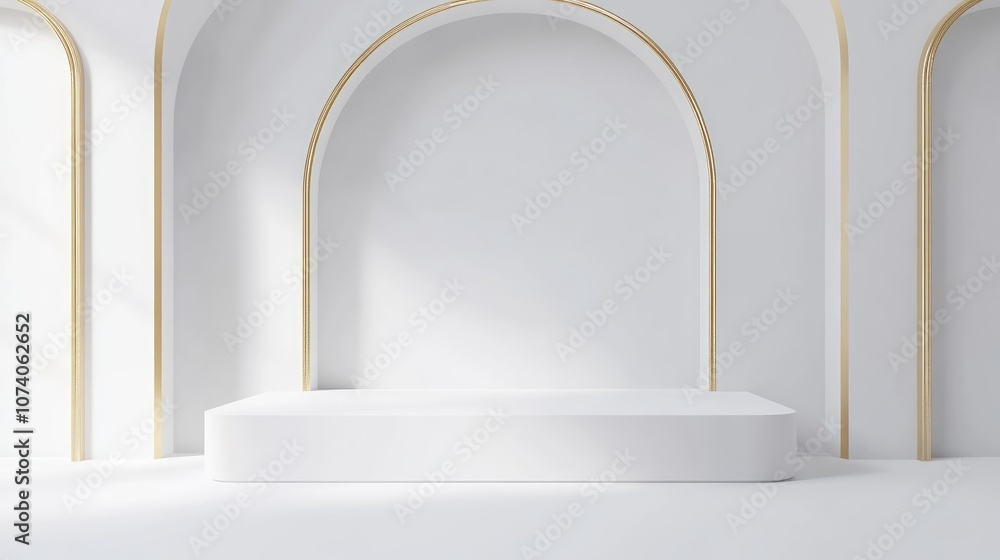 Poster Abstract minimal concept featuring an empty white stand with gold accents against a white background 3D rendering showcasing a luxurious minimalist layout Illustrations suitable for advertising