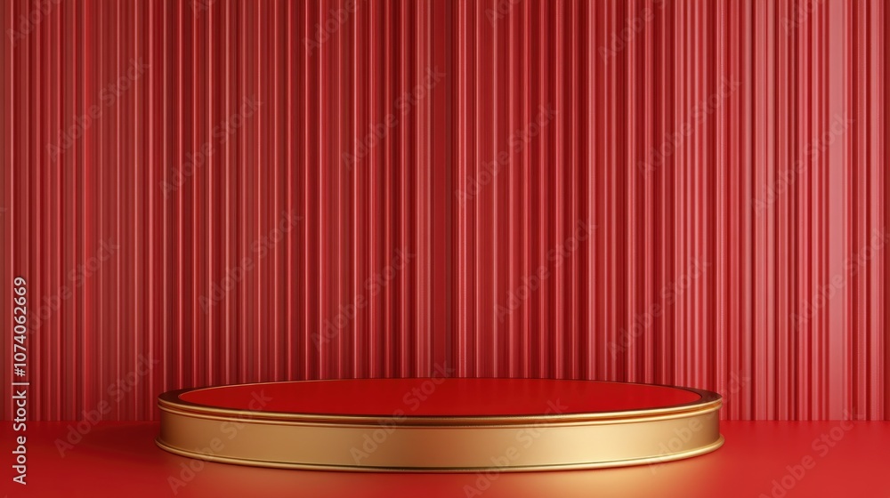 Poster red cylinder podium with a golden band against a red and gold backdrop designed for showcasing produ