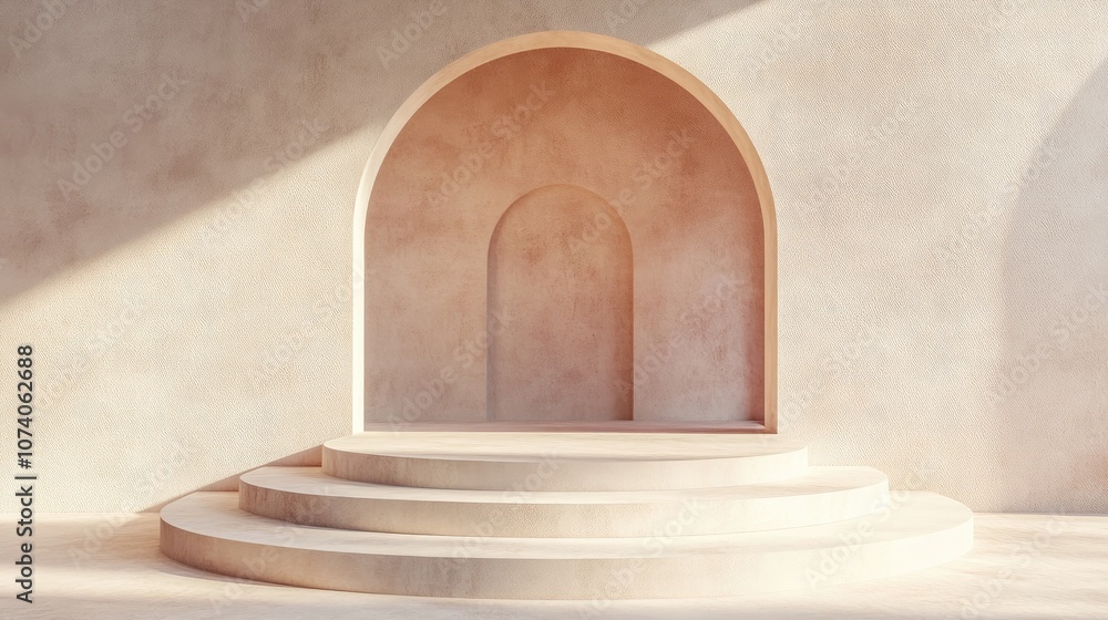 Poster studio featuring geometric shapes and an arched staircase with steps designed as a podium or showcas