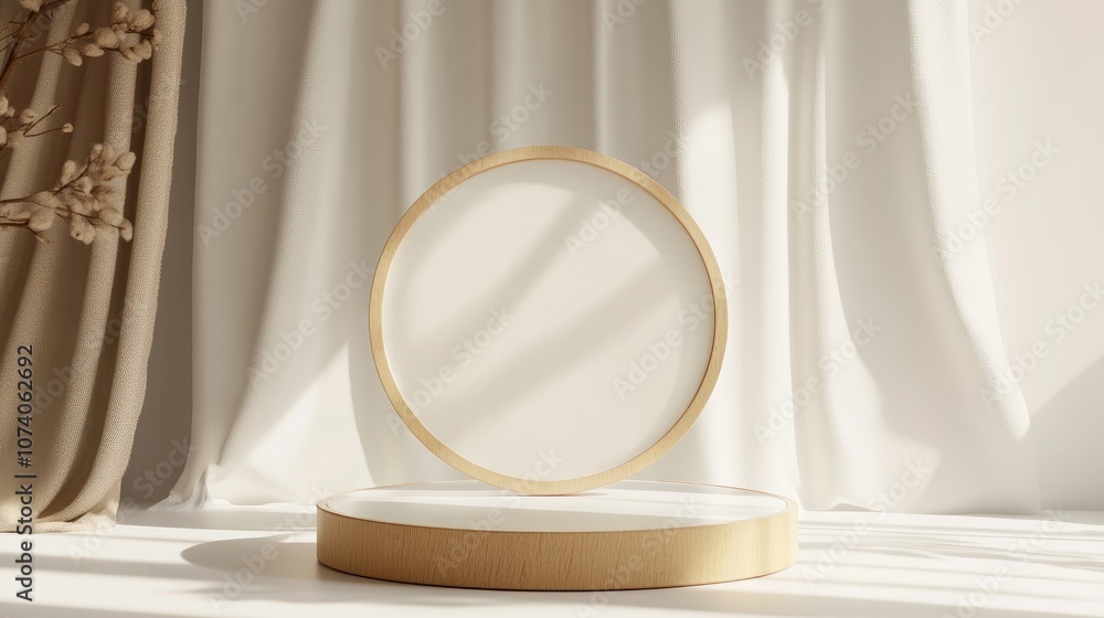 Aufkleber 3d wooden display podium on a white backdrop featuring a round beige frosted glass frame ideal for s