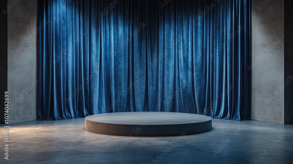 Aufkleber A podium on an empty stage featuring blue curtains and a concrete floor illustrating the concept of stand up and speech 3D rendering