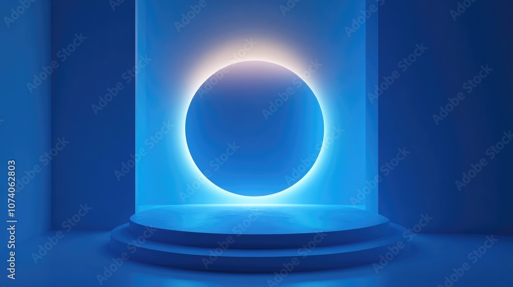 Aufkleber minimalist studio backdrop featuring a 3d blue illuminated podium abstract geometric shape illustrat