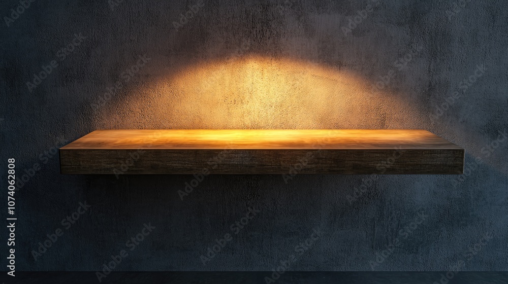 Poster 3d render of a blank mockup on a concrete wall featuring a wooden shelf lit from the front in a pers