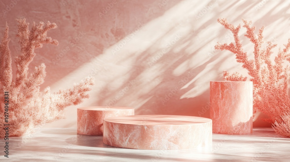 Aufkleber 3D rendering of a pink coral minimal display podium or pedestal for product mockups featuring an abstract background with simple geometric shapes