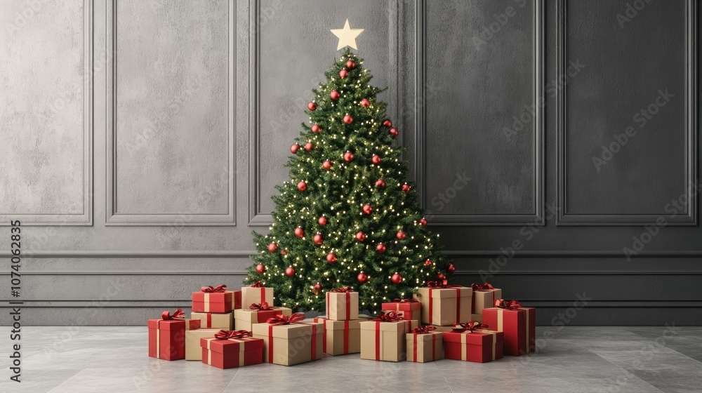 Aufkleber 3d rendering of a christmas tree encircled by gift boxes featuring minimalistic design for holiday d