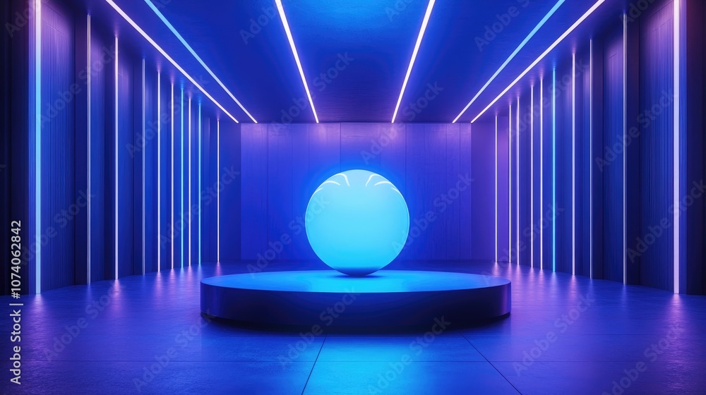 Aufkleber Blue light sphere podium for visual product presentation in a stylish space realistic 3D rendering