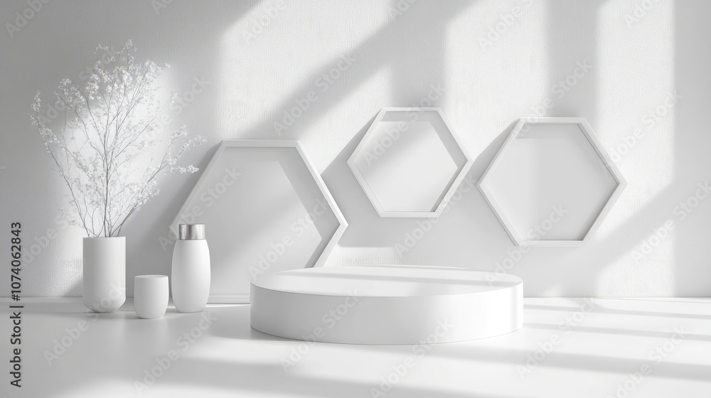 Aufkleber Minimalistic studio background featuring a 3D white and gray hexagon podium Abstract geometric shape illustration for showcasing beauty and cosmetics products