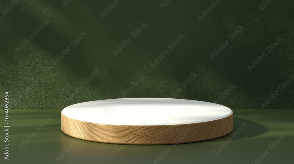 Poster 3d rendered image of a white and wooden podium set against a green backdrop for product display adve