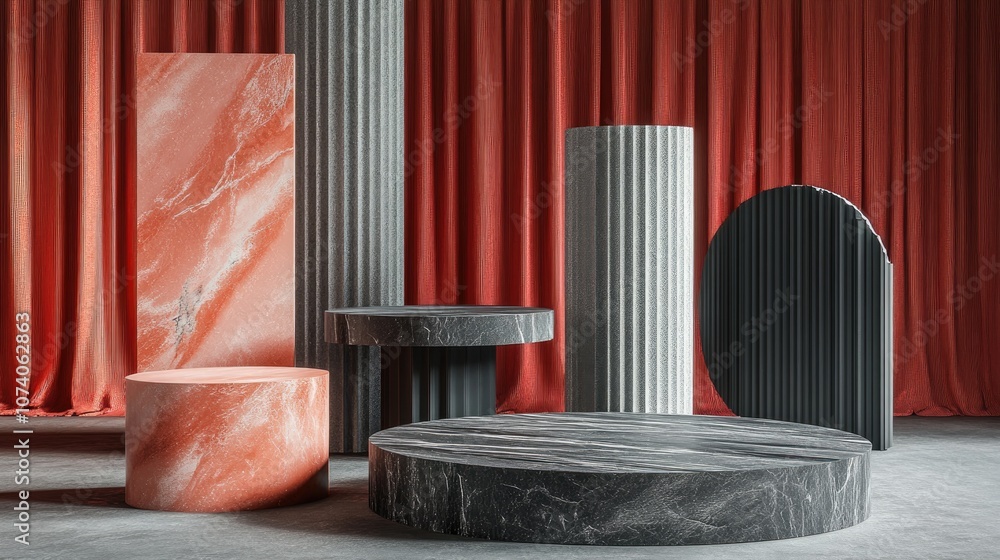 Poster 3D showcase podium featuring a geometric platform and cylindrical stand Commercial backdrop with modern minimalistic geometric forms 3D rendering