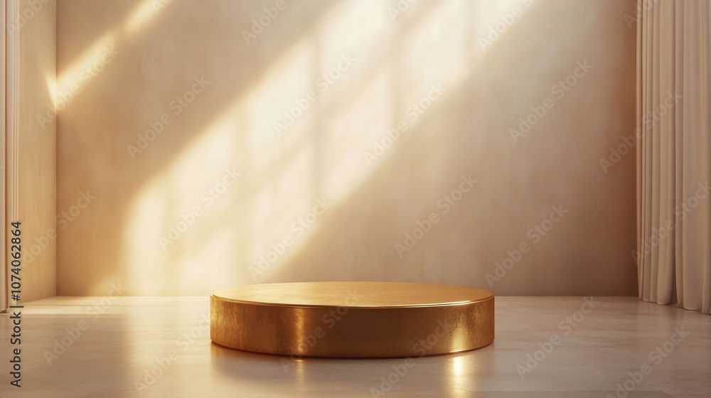 Poster elegant golden pedestal in an empty room bathed in a warm spotlight creating a soft atmosphere backg