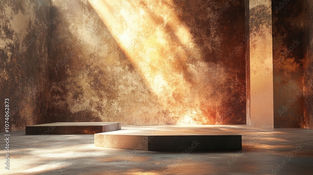 Poster Walls and platforms featuring richly textured gradients Interior backdrop illuminated by sunlight 3D rendering