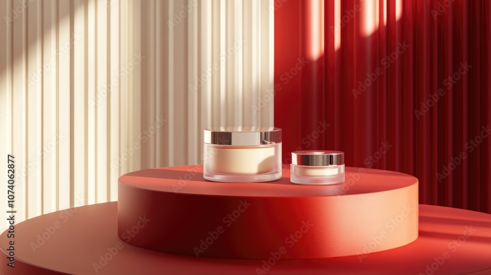 Poster 3D rendering of a minimalist product display for cream cosmetics featuring a contemporary red podium backdrop