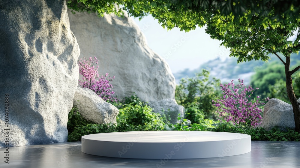 Poster 3d rendering illustration of a vacant podium display for product mockup with a natural backdrop