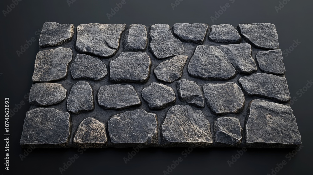 Poster Top view of a cobblestone texture on a display platform Stone structure 3D rendering Isolated on a dark background